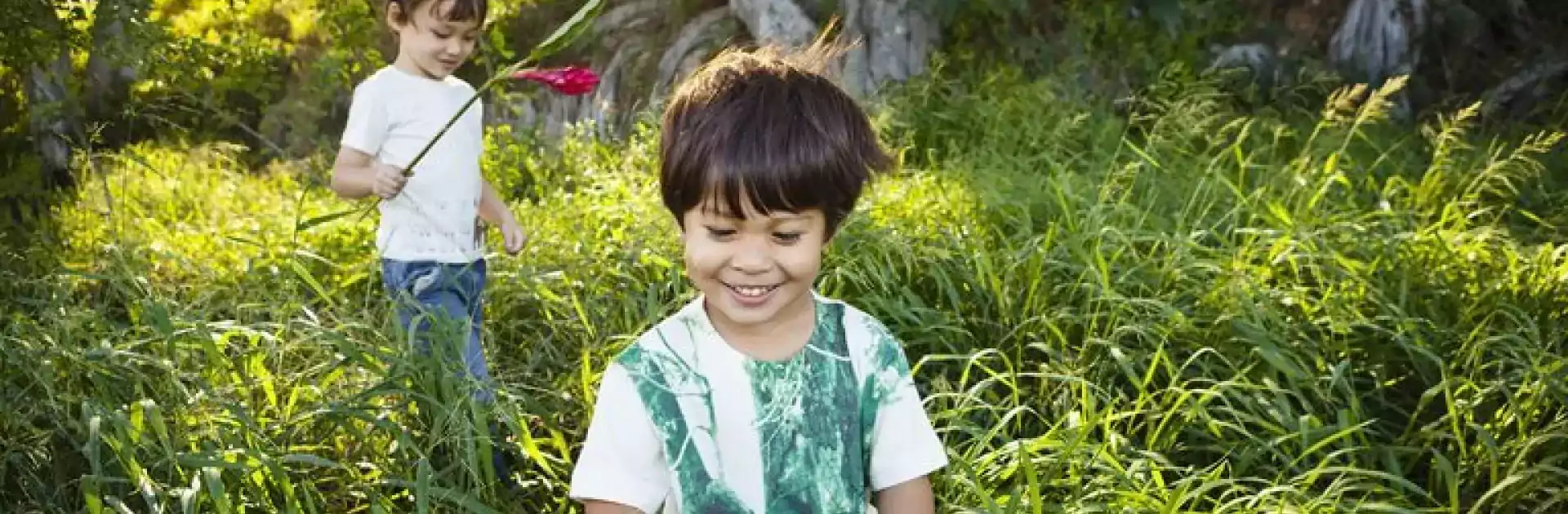 Boys playing in tall grass